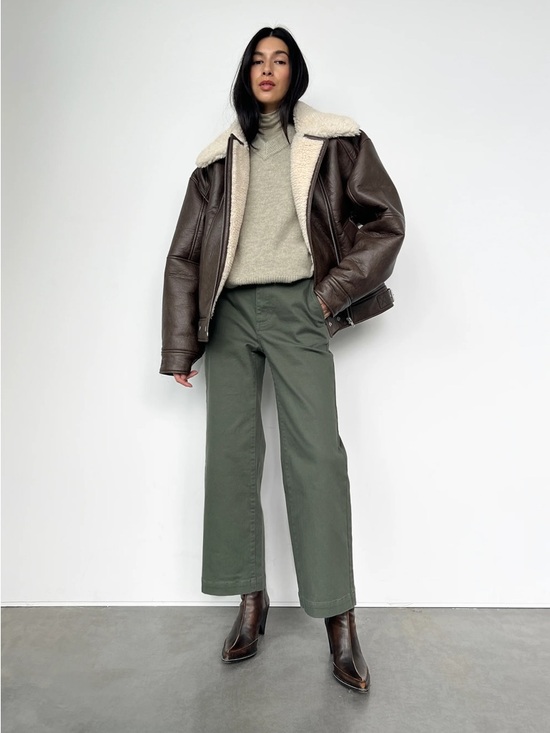 OAK + FORT Pants - Oak + Fort Cropped Length Twill Wide Leg Pants - Thyme
